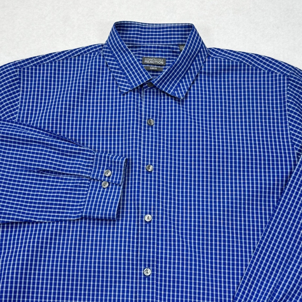 Kenneth Cole Reaction Mens Slim Fit Blue White Check Button Down LS 17.5 34-35